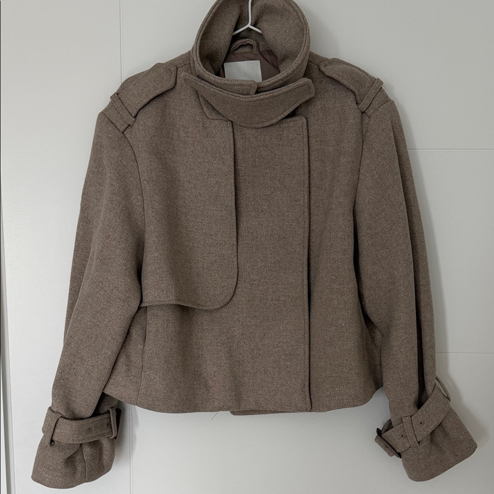H&M Women's Taupe Funnel Neck Wool-Blend Cropped Coat